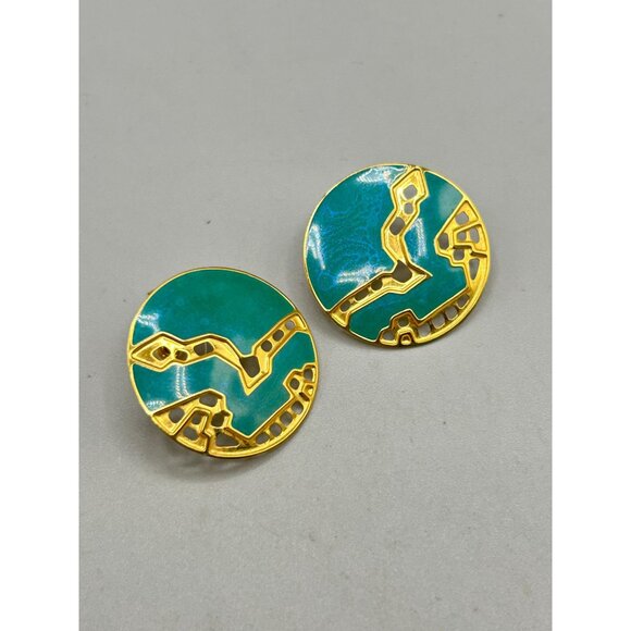 Berebi Earrings Gold Tone and Teal Blue Enamel Pierced Round Stud Earrings - Picture 5 of 6